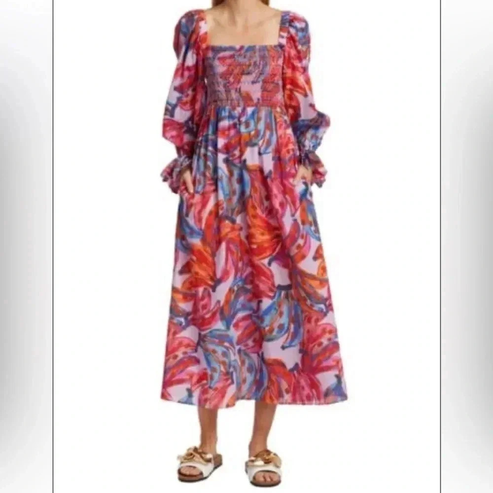 FARM rio Colored Bananas Smocked Midi-Dress size M